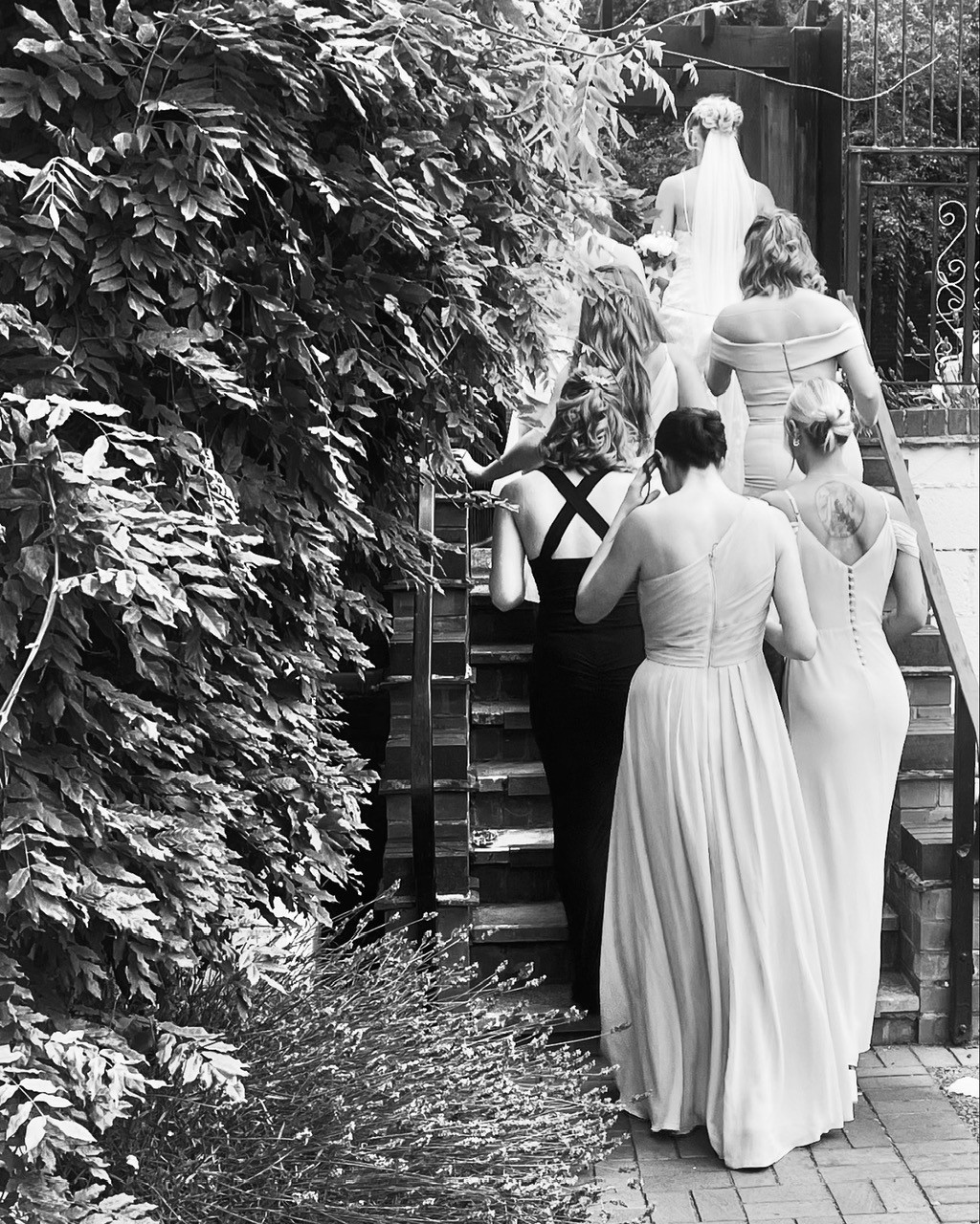 The Lancaster Arms bridesmaids walking up steps